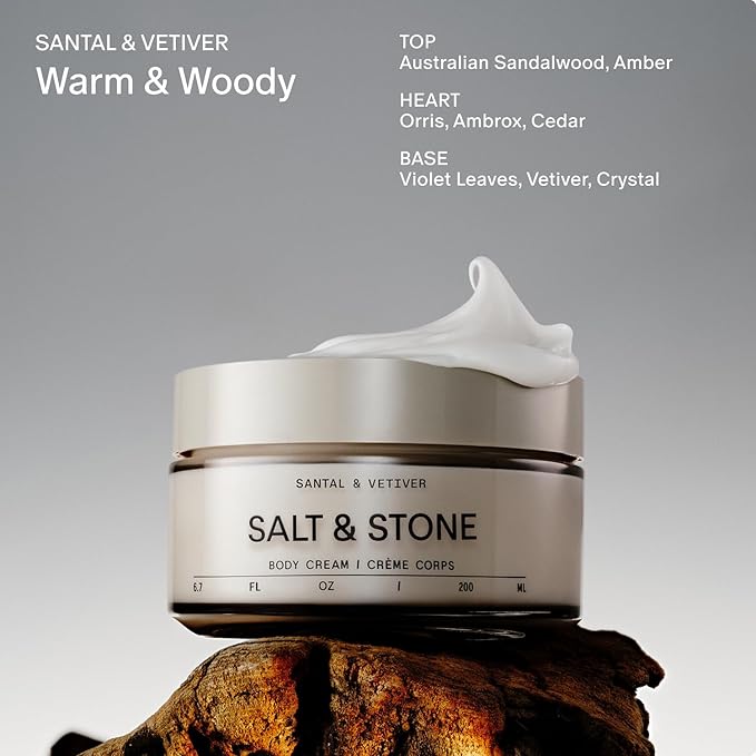 Salt & Stone Body Cream | Hydrating Formula with Seaweed Extracts, Spirulina & Squalane | Deep Hydration, Skin Barrier Support & Healthy Glow | For all Skin Types | Santal & Vetiver 6.7 fl oz