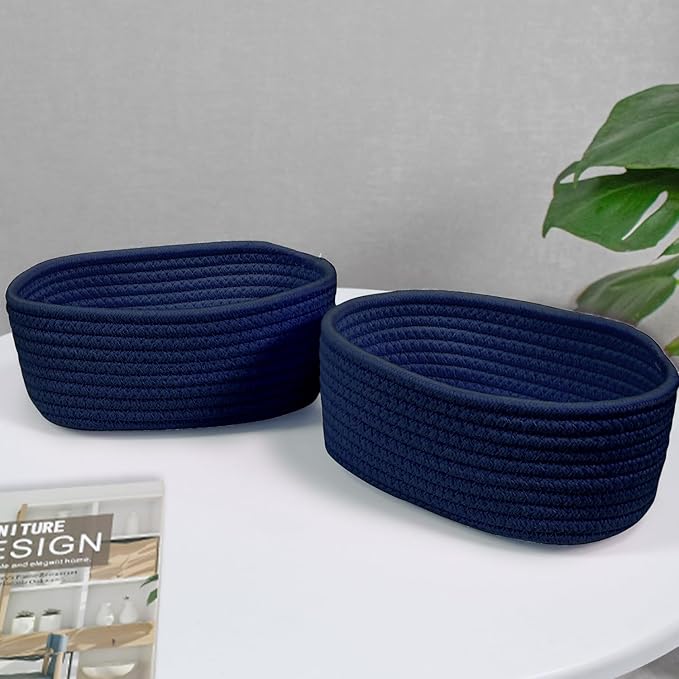 ABenkle 【2 Pack】 Small Woven Baskets, Tiny Oval Shallow Storage Baskets, Mini Cotton Rope Empty Decorative Basket, Boho Little Organizer Bins for Bathroom, Cat Dog Toy Gifts Basket