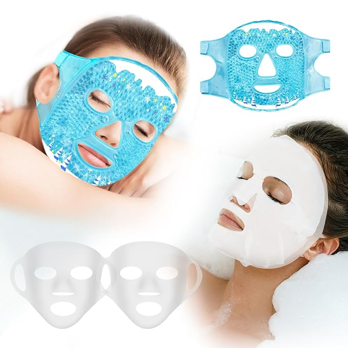 Ice Face Mask and Silicone Cover Set, Cooling Face Mask for Pain Relief, Migraine & Wisdom Tooth Surgery Reusable, Hot and Cold Ice Mask for Women Puffiness Swelling Beauty Spa