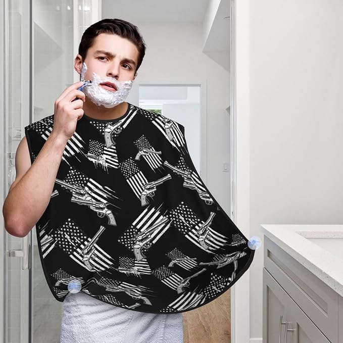 Adjustable Non-Stick Beard Apron, Hair Catcher Cape for Shaving Grooming, Waterproof with Suction Cups Men, Black and White Design American Flag Shave Bib