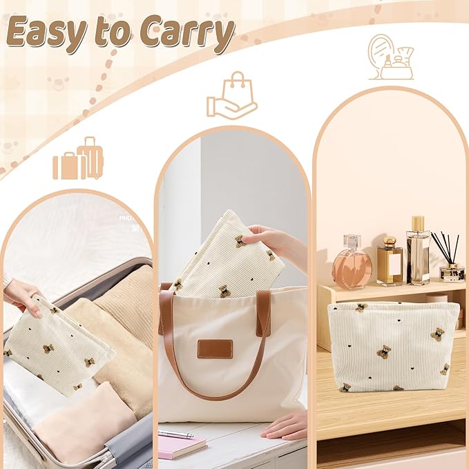 ZLFSQR Corduroy Makeup Bag for Women Small Corduroy Cosmetic Bag Large Cute Bear Travel Makeup Pouch for Purse White Cloth Cosmetic Pouch Zipper Storage Organizer Canvas Toiletry Bags