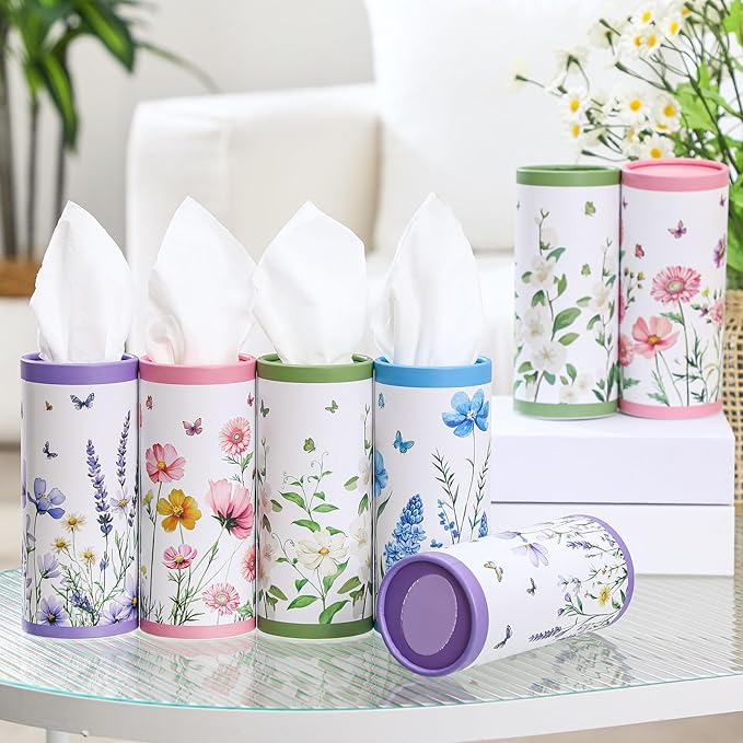 12 Pack Car Tissue Cylinder Holder Bulk with 3 Ply Facial Tissues, Round Napkin Holders for Car Cup Holder Cylinder Travel Paper Tubes Bulk Round Napkin Boxes Packs(Classic Flower)