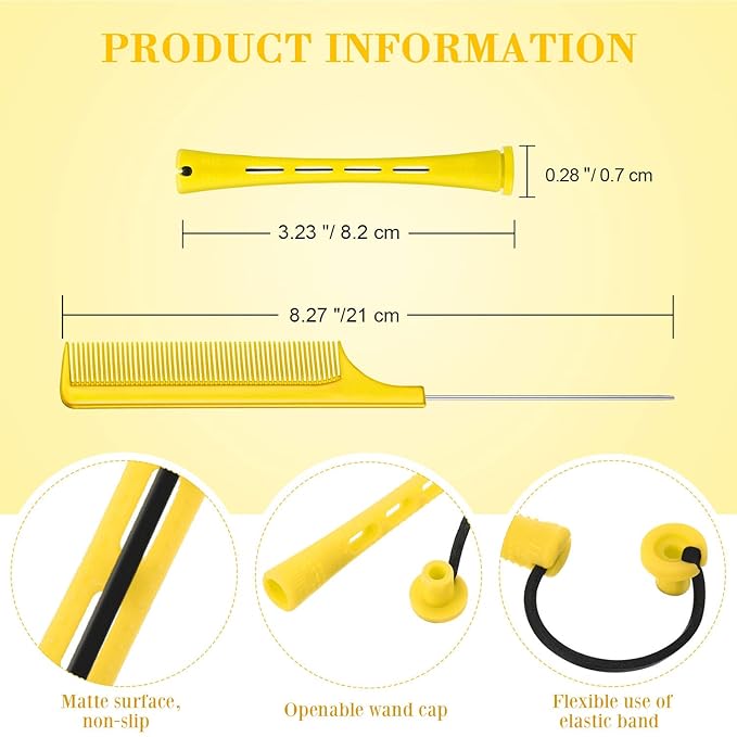 Chuangdi 24 Pcs Hair Perm Rods Plastic Cold Wave Perming Curlers Hair Rollers with Steel Pintail Comb Rat Tail Comb Tools for Hairdressing Styling(Yellow,0.28 Inches)