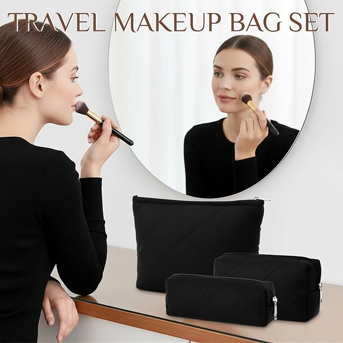 Paterr 3 Pcs Quilted Makeup Bag Set Small Bridesmaid Cosmetic Bag Aesthetic Travel Toiletry Pouch Cute Purse Pencil Case Makeup Storage Organizer for Women Birthday Gifts(Cotton,Black)