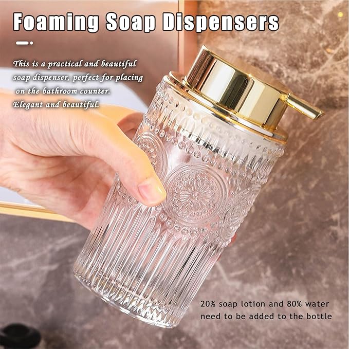 Foaming Soap Dispenser for Kitchen & Bathroom Liquid Kitchen Dish Refillable Soap Dispenser with Gold Plastic Pump Modern Home Bathroom Decor (Clear, S)