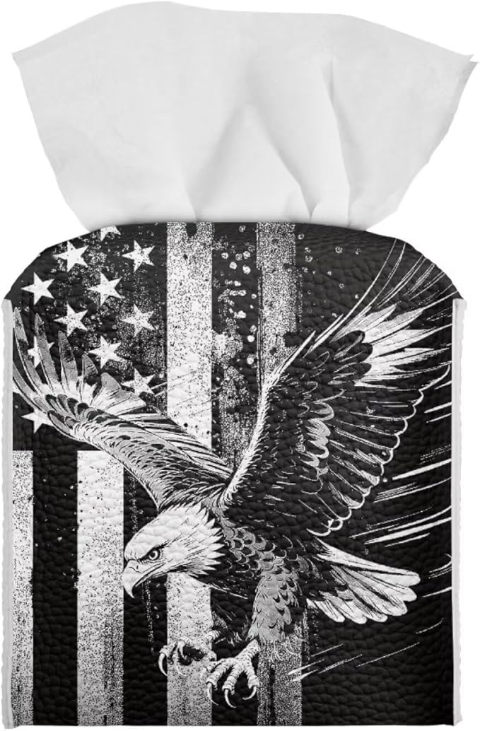 American Flag Eagle Portable Tissue Box Holder, Lightweight PU Leather Square Tissue Cover with Metal Button, Easy Refill Waterproof Napkin Dispenser for Travel, Car, Office, and Bedroom