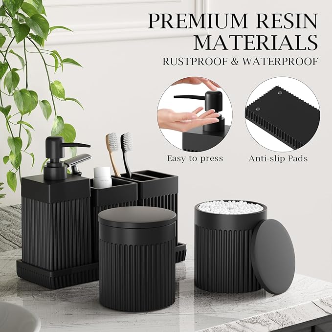 6-Piece Black Bathroom Set - Sleek Resin Organizer with Soap Dispenser, Toothbrush Holder, Vanity Tray, Tumbler & Apothecary Jars for Small Spaces