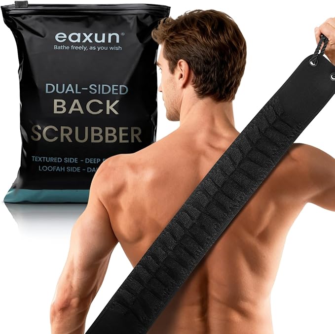 Back Scrubber with Handles for Shower, 40 Inches Dual-Sided Back Washer with Exfoliating Texture and Loofah for Men, Women and Elderly, Bath Back Exfoliator Body Cleaner for Deep Cleansing