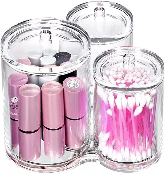 Hipiwe Clear Acrylic Cotton Swab Holder Preminm Quality Round Container Cotton Pad Q-tip Organize Case for Make Up Brush Clear Apothecary Jar