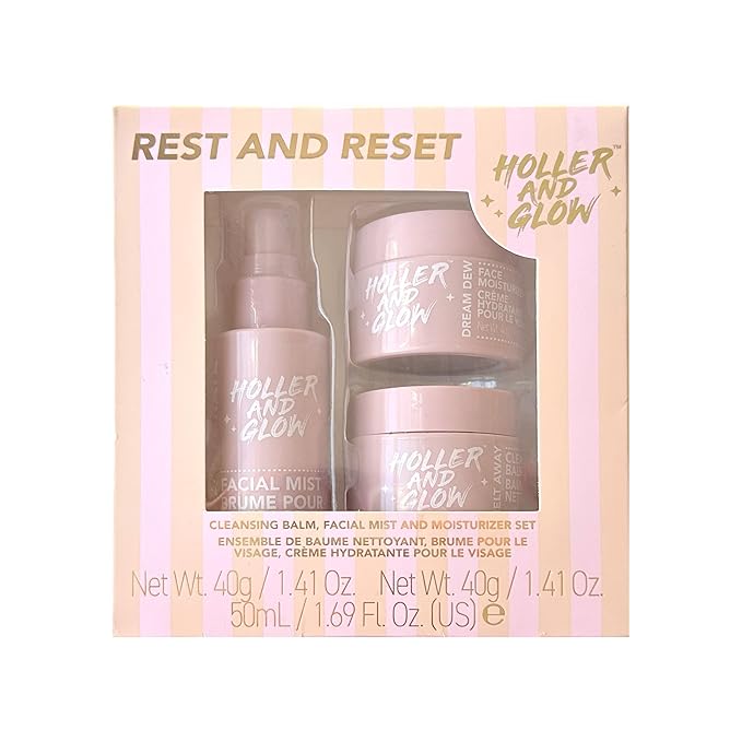 Holler And Glow Rest And Reset Cleansing Balm, Facial Mist And Moisturizer Set, Hydrating Face Spray, Cleanser & Makeup Remover, Nourishing, Stocking Stuffer For Teen Girls, 3 Piece Easter Gift