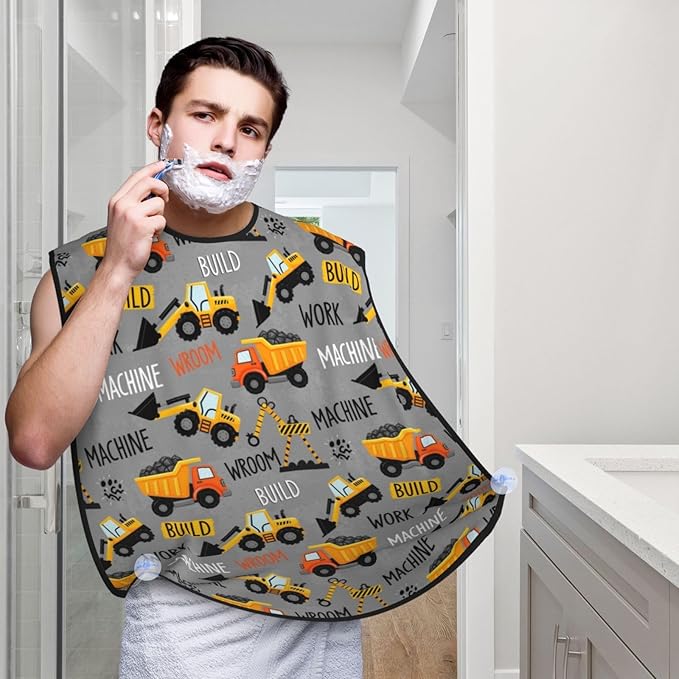 Beard Shaving Cape with Suction Cups, Dark Grey Construction Machines Cars Truck Tractor Shave Bib, Non-Stick Waterproof Hair Catcher, Grooming Bib for Men Husband