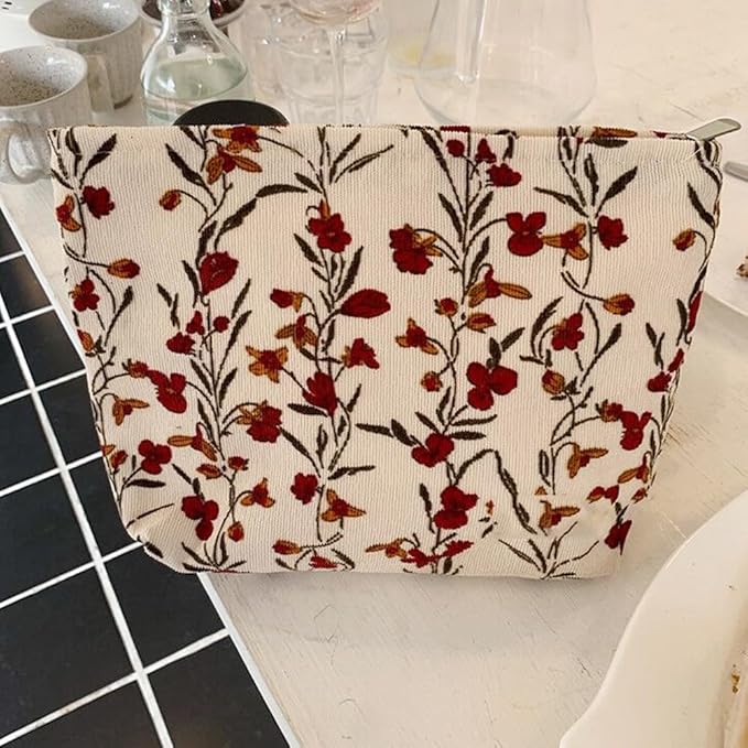 SxoSyo Makeup Bag for Women Cosmetic Bags Large Make up Brushes Pouch Travel Toiletry Zipper Purse Organizer for Gifts (flowers and plants, Beige)