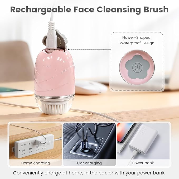 Facial Cleansing Brush, Mini Electric Face Scrubber, Waterproof Face Exfoliator Brush for Deep Cleansing, Portable Face Wash Brush for Travel, Easy to Carry, with 3 Brushheads for Women Mom Men