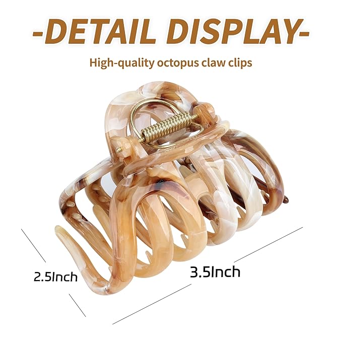 FAELBATY Octopus Multicolor French Claw Hair Clips, 2 Pcs, Ink Brown & Ink Grey, 3.5 x 2.4 Inches, Polycarbonate, Non-Slip Grip, Strong Hold for Long Thick Hair, Women & Girls