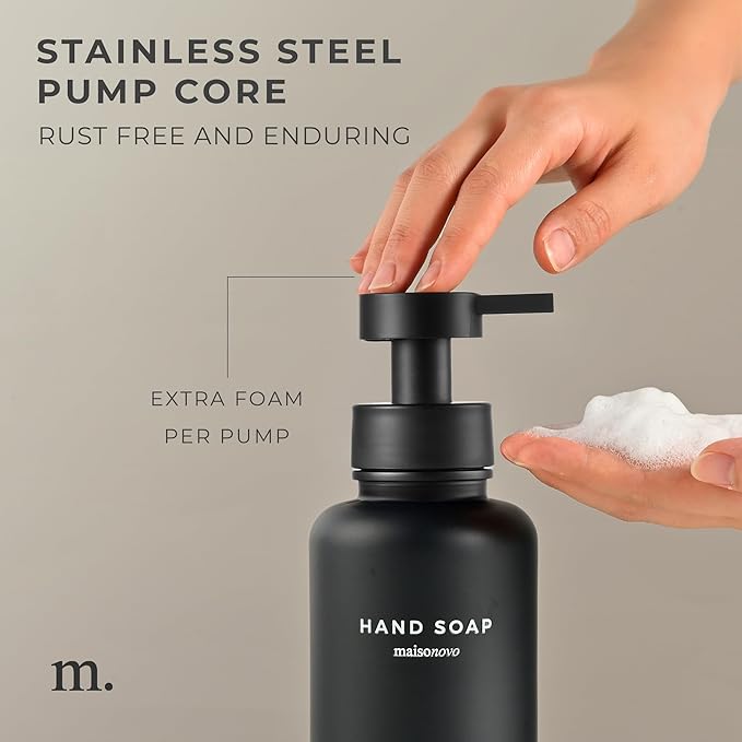 MaisoNovo Glass Foaming Hand Soap Dispenser 14 Oz | Black Foaming Soap Dispenser Black Plastic Pump x 1 w/Labels