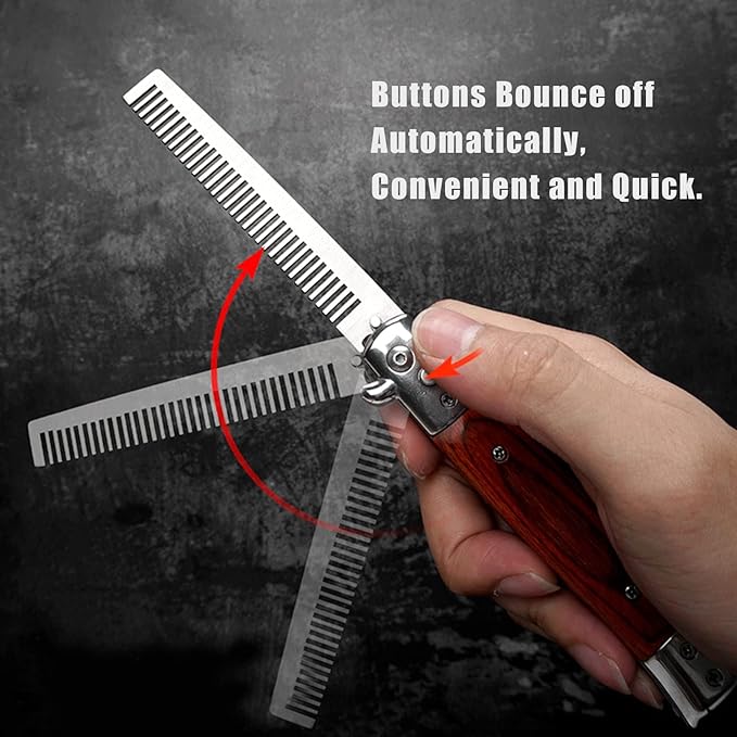 Folding Pocket Comb, Stainless Steel Beard Comb for Men, Switchblade Fine Tooth Mustache Combs Designed for Hair Salon Beauty Tool (Wood Color)