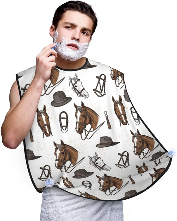 Beard Shaving Cape with Suction Cups, White Horse Watercolor Art Racing Vintage Shave Bib, Non-Stick Waterproof Hair Catcher, Grooming Bib for Men Husband