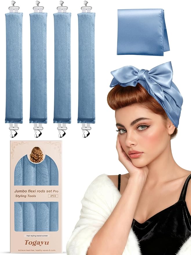 Heatless Curls Overnight Set - 4PCS Jumbo Velvet Hair Rollers to Sleep In, No-Damage Flexi Rods for Beautiful, Effortless Curls and Waves for Women
