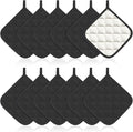 Bokon 12 Pcs Pot Holders for Kitchen, Black Potholders Sets, Heat Resistant Cotton Hot Pad Oven Mitts Trivet with Hanging Loops for Baking Cooking