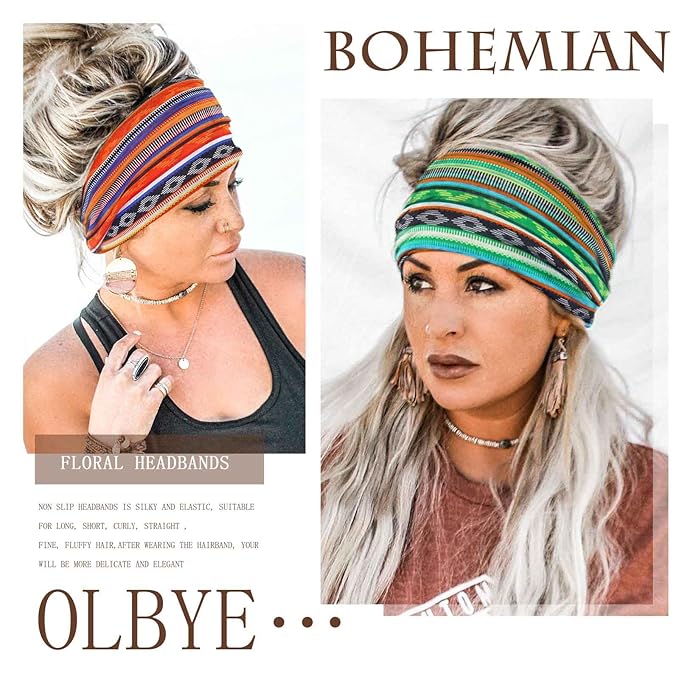 Olbye Wide Boho Headbands Floral Stretch Head Wraps Bohemian African Turban Hairbands Knotted Bandana Headband Yoga Running Head Scarfs Workout Hair Accessories for Women 4Pcs (Stylish, 9.4 * 5.9'')