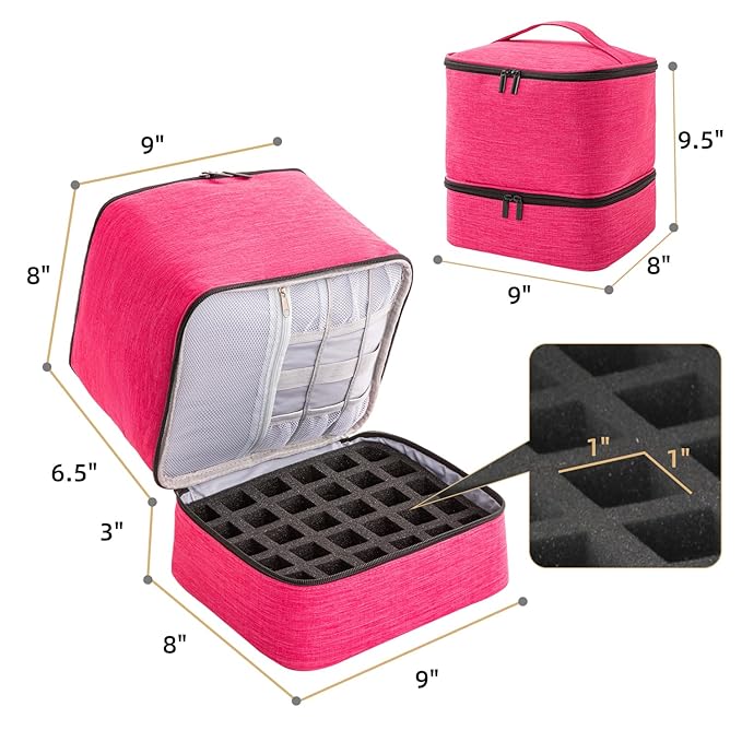 Nail Polish Carrying Case with UV LED Nail Lamp Compartment - Holds 30 Bottles, Double-layer Nail Light Storage Bag for Nail Dryer, Rose-Pink (BAG ONLY)