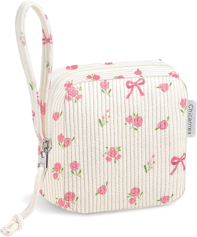 Small Makeup Bag | Discreet Period Bag Pad Pouch for Purse| Sanitary Napkin Storage & Tampon Holder for Travel(Flower bow beige)