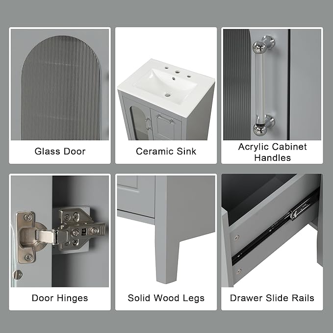 Harper & Bright Designs 24" Bathroom Vanity with Sink, Free Standing Single Basin Vanity Set with Two Drawers and Glass Door, Modern Wooden Bathroom Cabinet with Ceramic Basin for Bathroom, Grey