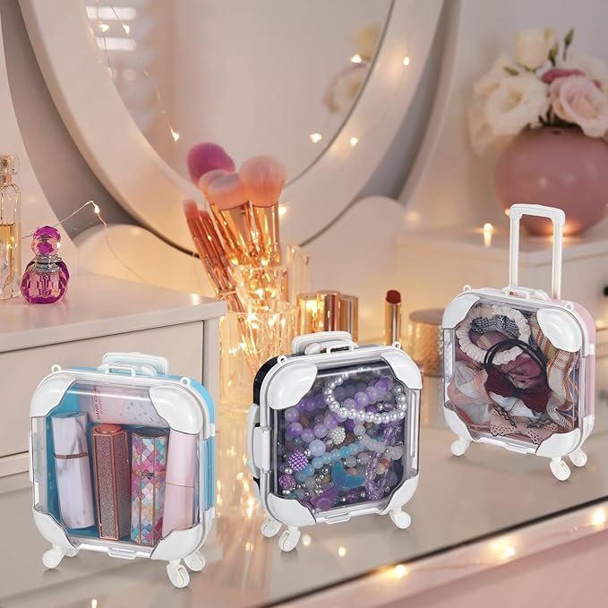Honeydak 3 Pcs Mini Plastic Suitcase False Eyelashes Tray Luggage Trolley Candy Box Clear Suitcase Packaging Party Favor Box for Jewelry Cosmetic Hairpins Storage (Mixing Color,5.3 x 2 x 4.7 Inches)
