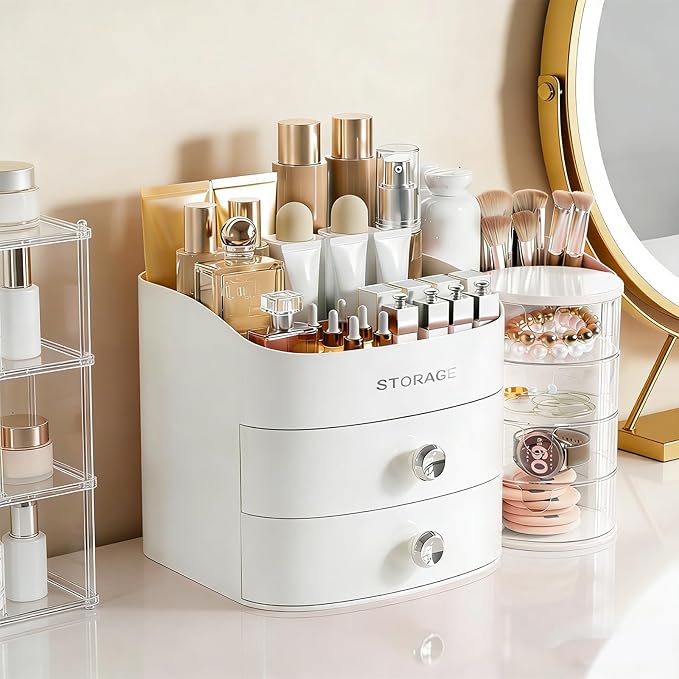 Makeup Organizer Countertop with Drawers, Make up Organizers for Vanity, Skincare Jewelry Earring Organizers, Cosmetic Display Cases Makeup Storage for Bedroom & Bathroom, Ideal Gifts for Women(White)