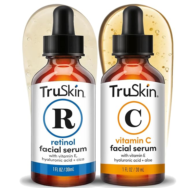 TruSkin Face Serum Duo – Vitamin C Serum & Retinol Serum for Face – AM & PM Anti Aging Skincare Routine – Brightening & Smoothing Facial Serums, 1 fl oz Each