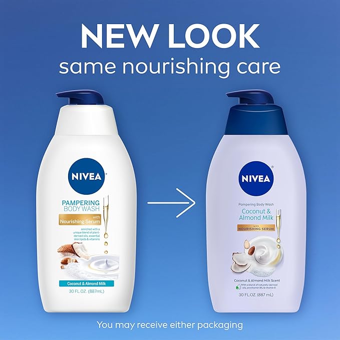 NIVEA Pampering Coconut and Almond Milk Body Wash with Nourishing Serum,Moisturizing Body Wash for Women,Enriched with Provitamin B5 and Vitamin E,30 Fl Oz Bottle,(Pack of 2)