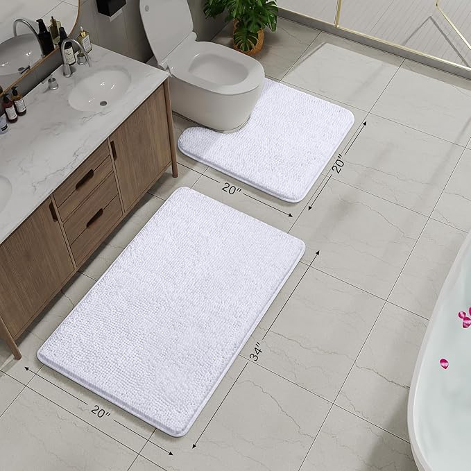 AROGAN Bathroom Rug Sets 2 Piece, 20"x20" U-Shaped Toilet Mat and 21"×34" Bath Mats Floor Set, Machine Washable Bath Rug, Absorbent and Dry Quickly, Soft Non Slip Bathroom Rug Set, White