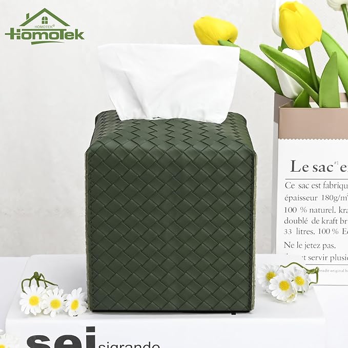 HOMOTEK 2 Pack Tissue Box Cover, Square PU Leather Tissue Holder, Decorative Facial Tissue Cube Paper Organizer Dispenser for Bathroom, Night Stands, Desk, Car 5X5X5'' - Woven Waffle,Emerald Green
