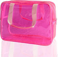 PVC Clear Pure Color Transparent Large Zipper Cosmetic Pouch Travel Makeup Cosmetic Bag with Handle for Travel Bathroom Toiletry Organizer (Hot Pink)
