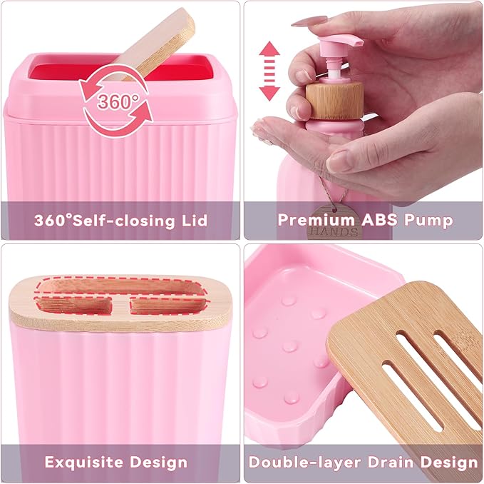 Bathroom Accessories,Bathroom Set with Shower Curtain,Rugs,Trash Can,Lotion Soap Dispenser,Toothbrush Holder,Soap Dish, Tags with Tray（Pink1 ），（Bath Set+Shower Curtain+Bath Rugs）