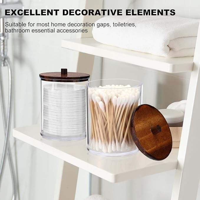 2 Pack Qtip Holder Dispenser with Wood Lids - 10 oz Clear Plastic Apothecary Jar Containers for Vanity Makeup Organizer Storage - Bathroom Accessories Set for Cotton Swab,Pads, Ball, Floss