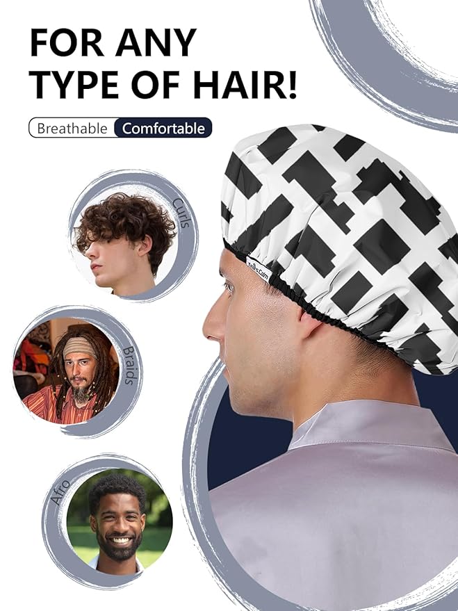 Years calm Men Shower Cap Reusable Waterproof, Dual-Layer Design, Double-Sided Use,Protects Hair in Shower, Spa, Travel & Cooking, Adjustable Elastic for Comfortable Fit (Black Striped, One Size)