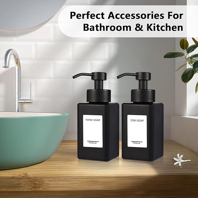 Black Foaming Hand Soap Dispenser 2 Pack,12oz/350ml Glass Foaming Soap Dispenser Set with Stainless Steel Pump, Square Refillable Foam Pump Bottles for Bathroom&Kitchen,Includes 6 Labels