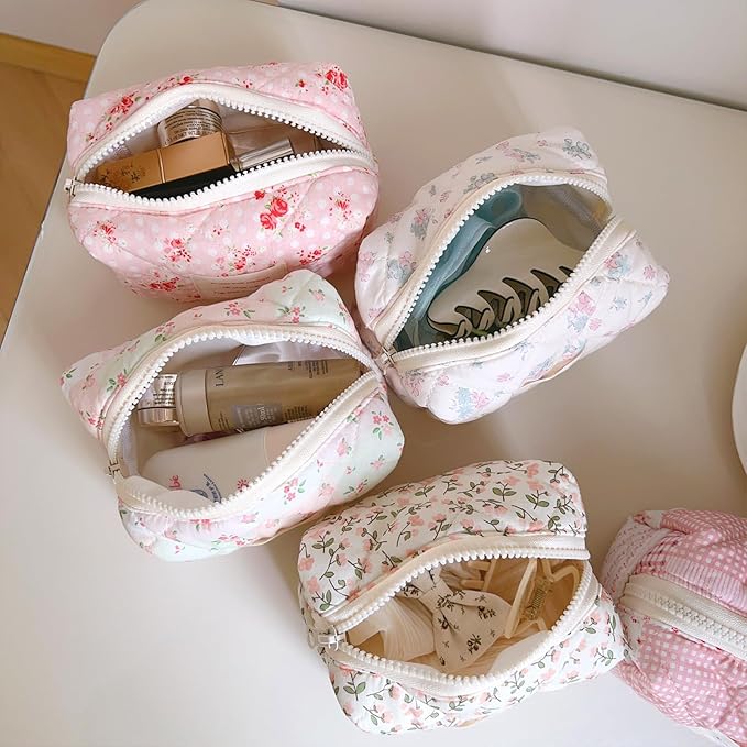 Floral Makeup Bag Pink Small Cotton Quilted Cosmetic Bag Organizer, Aesthetic Cottagecore Preppy Portable Pouch Purse Toiletry Bag for Women Girls Travel accessories