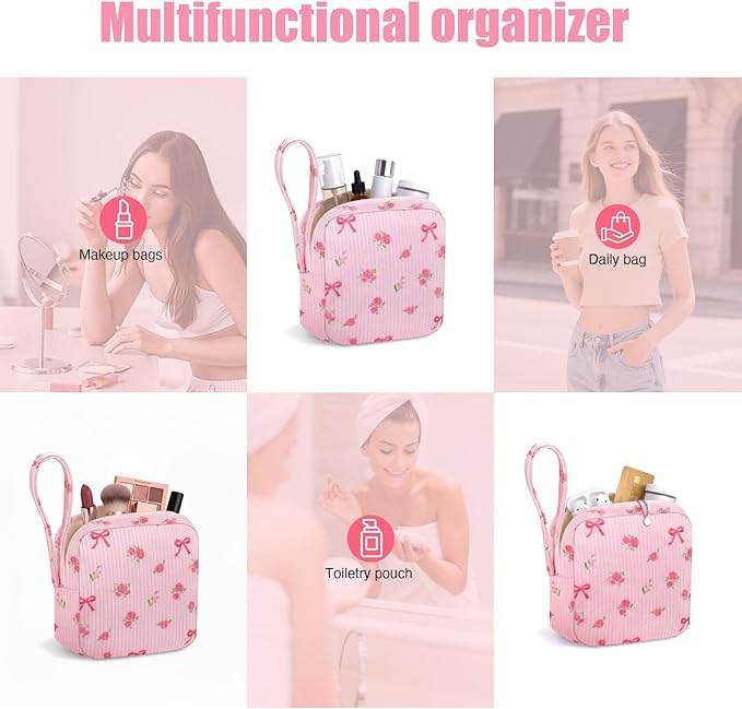 Small Makeup Bag | Discreet Period Bag Pad Pouch for Purse| Sanitary Napkin Storage & Tampon Holder for Travel(Flower bow pink)