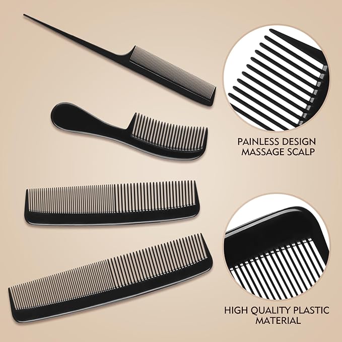 4 Piece Professional Black Comb Set for Men and Women-Fine Tooth, Rat Tail, Beard and Mustache Combs-Parting and Teasing Tools for All Hair Types