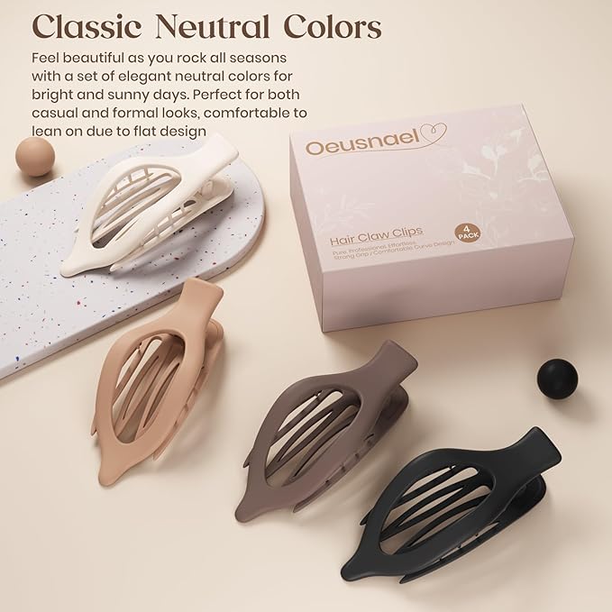 4 PCS Large Flat Hair Clips for Women Girls, French Concord Lay Down Flat Claw Clips for Thick Thin Hair, Comfortable Curved Flat Clip, Matte Non-slip Strong Hold Hair Accessories, Neutral