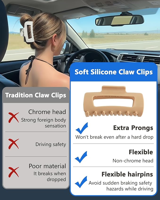 Soft & Flexible Hair Claw Clip 2-Pack, Large Squishy Claw Clips for Thick Hair, Volumizing Hair Clips with Strong Hold, Non-Slip Lightweight Hair-Pins for Women Daily Use（Coffee+Off-White）