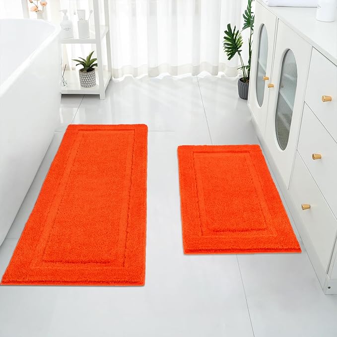 SHACOS Super Soft Bathroom Runner Rugs Set of 2 Pieces 47x20 + 32x20 inch Non Slip Washable Bath Runner Bath Mats Plush Bath Rug Runners Absorbent Bathroom Carpet, Orange