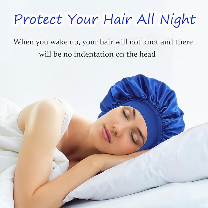 2 Pack Satin Silk Hair Bonnet for Sleeping Women, Sleep Bonnets for Women, Wide Soft Band Large Sleep Cap for Curly Hair Braids