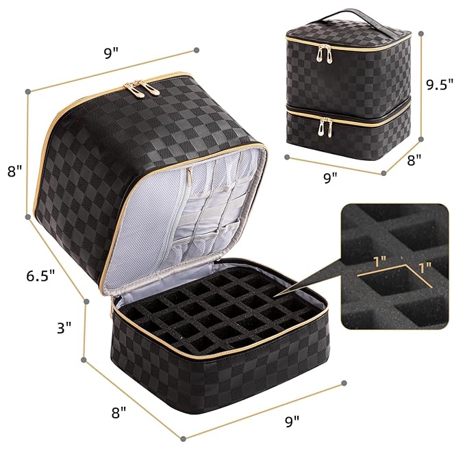 Nail Polish Organizer Bag Holds 30 Bottles & Nail Lamp Gel Nail Polish Storage Organizers for Nail Tech Carrying Case Manicure Kit Supplies Bag, Checkerboard Black (BAG ONLY)