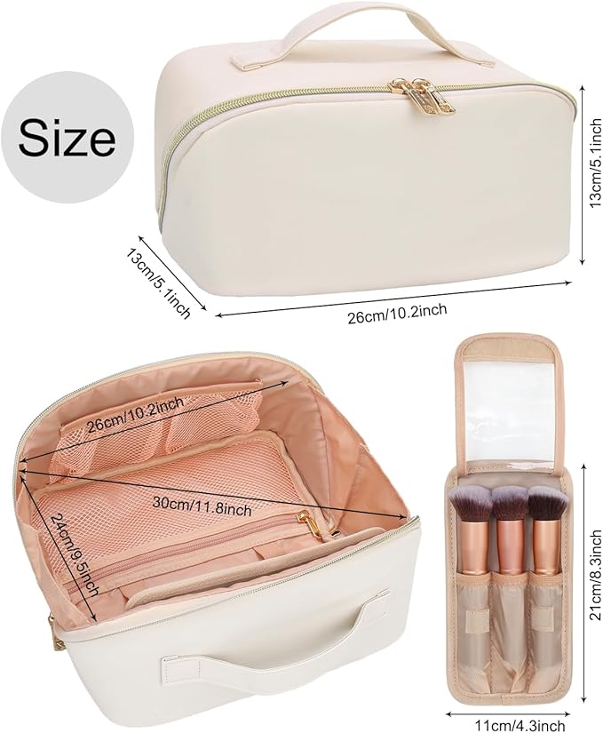Relavel Travel Makeup Bag for Women, Large Capacity Cosmetic Bags with Separate Brushes Compartments, Waterproof Toiletry Organizer Bags with Handle for Travel Essentials - White