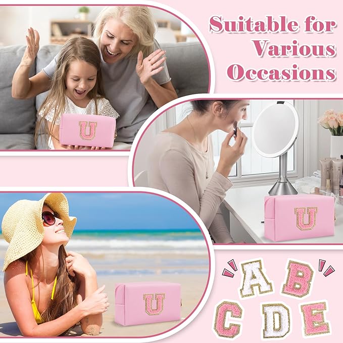 Personalized Initial A-Z Preppy Patch Makeup Bag,Small PU Leather Chenille Letter Cosmetic Bag with Zipper for Teen Girls,Pink Cute Travel Toiletry Bag,Birthday Monogrammed Gift for Daughter,Letter U