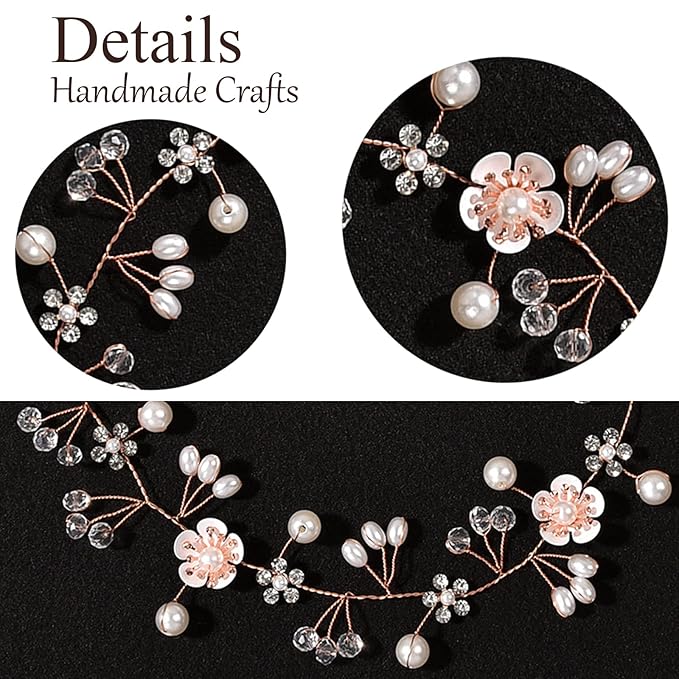 Flower Girl Hair Accessory - Princess Headpiece with Pearl Headband for Kids, Bridal Wedding, and Women (Rose Gold)