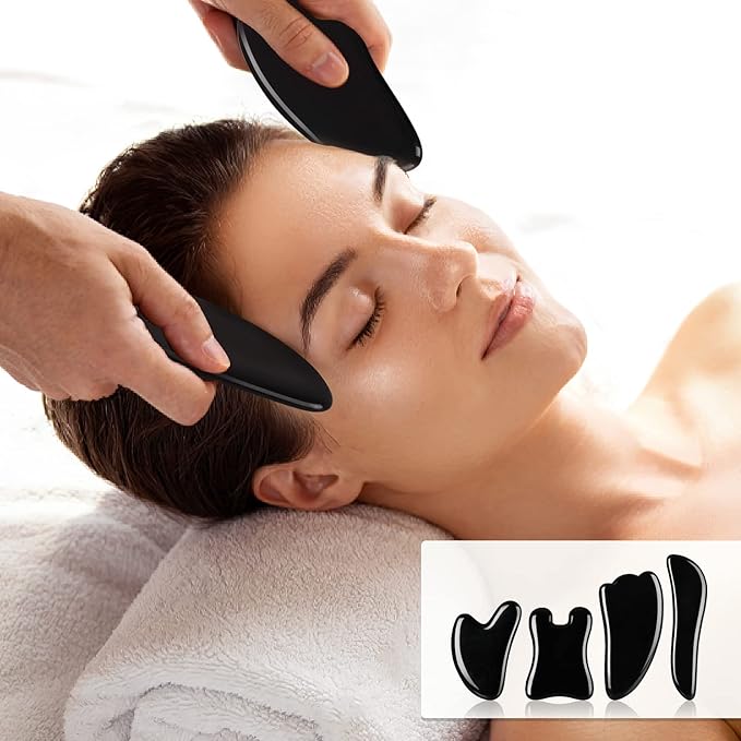 airogym Guasha Massage Tool, Natural Gua Sha Board, 4PCS Guasha Stone Scraping Massage Sets for SPA, Acupuncture, Physical Therapy, Muscle Knots, Facial Caring Point Treatment (Black)